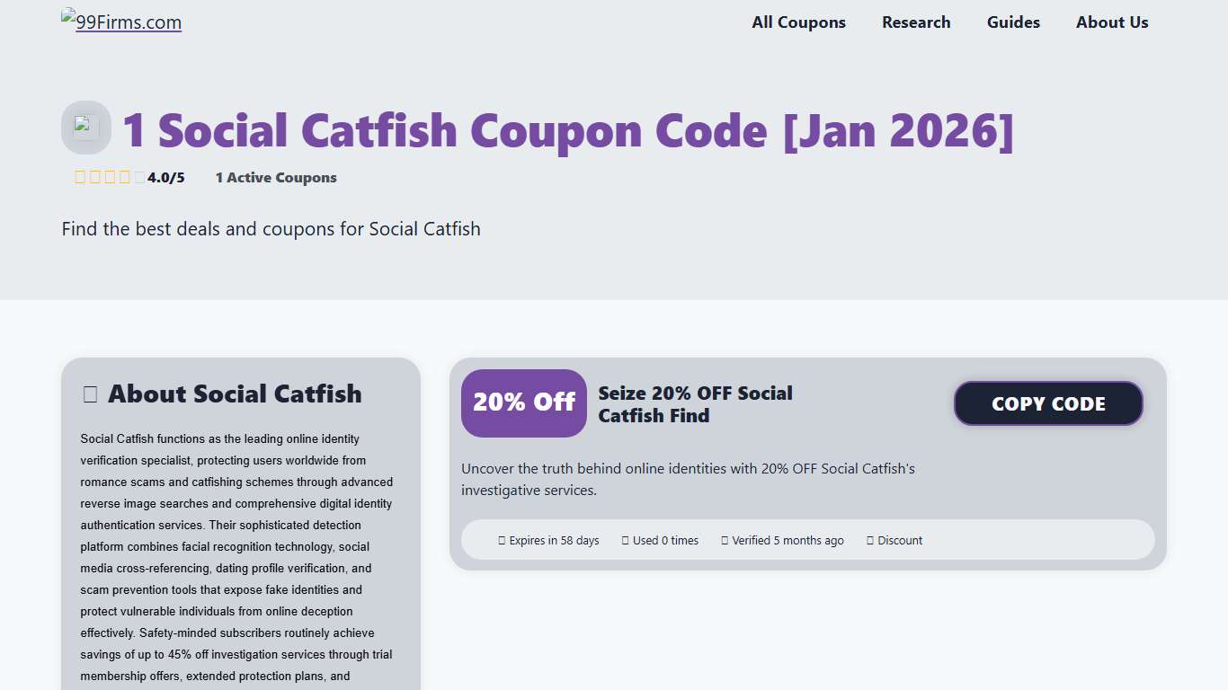 1 Valid Social Catfish Promo Code : 20% On Services